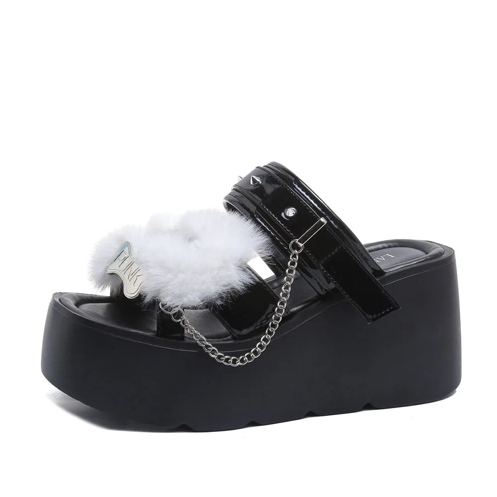 Gothic Chunky Platform Wedges Sandals Slides with Chain