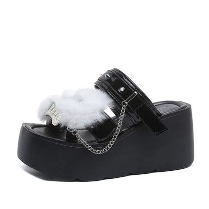Gothic Chunky Platform Wedges Sandals Slides with Chain