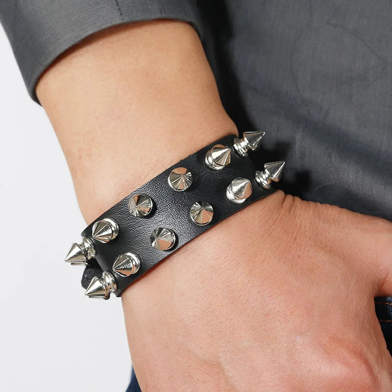 Punk Bracelet Goth Black Leather Wristband with Metal Spike Studded Cuff Bangle Adjustable