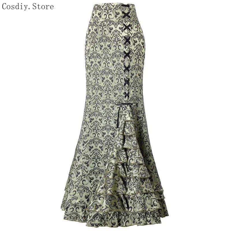 Jacquard Mermaid Bodycon Skirt Vintage Maxi Floor Women Lace Up Ruffle Skirt Elegant Long Floral Fishtail