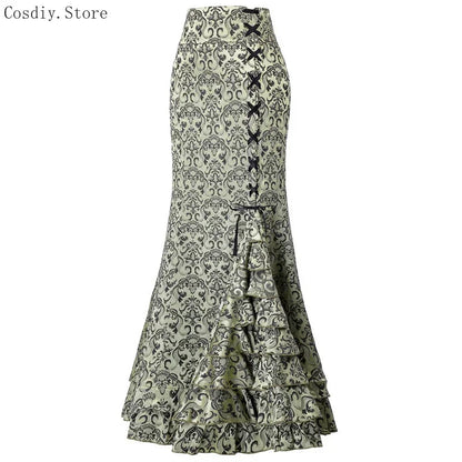 Jacquard Mermaid Bodycon Skirt Vintage Maxi Floor Women Lace Up Ruffle Skirt Elegant Long Floral Fishtail