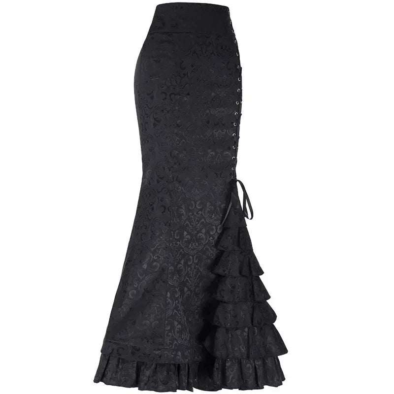 Jacquard Mermaid Bodycon Skirt Vintage Maxi Floor Women Lace Up Ruffle Skirt Elegant Long Floral Fishtail