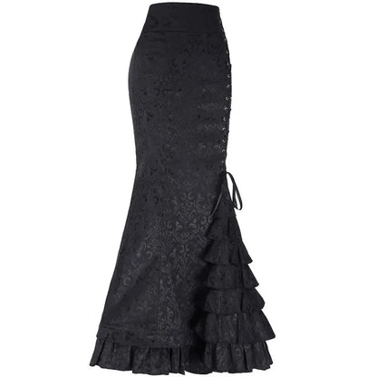 Jacquard Mermaid Bodycon Skirt Vintage Maxi Floor Women Lace Up Ruffle Skirt Elegant Long Floral Fishtail