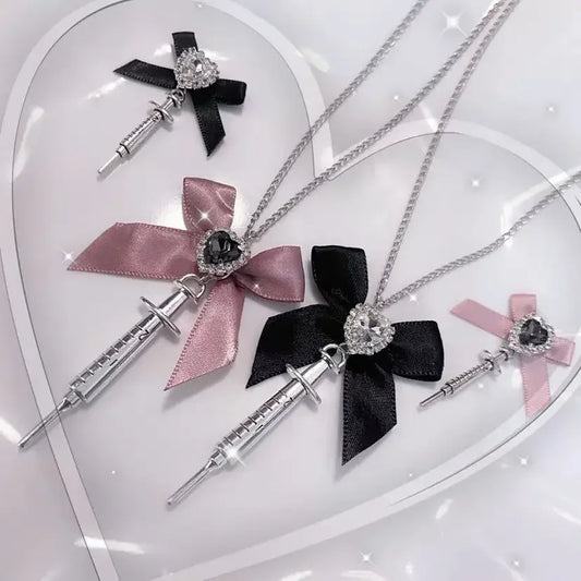 Love Heart Bowknot Metal Syringe Pendant Necklace Gothic