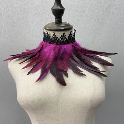 Black Feather Choker Collar Neck Cover Cape Shawl With Lace