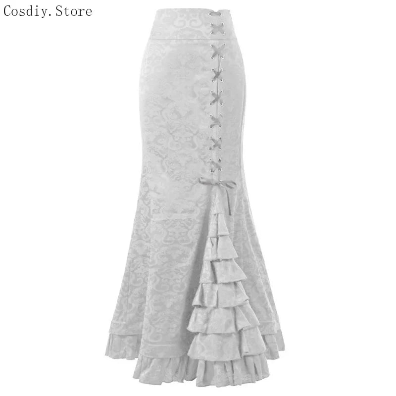 Jacquard Mermaid Bodycon Skirt Vintage Maxi Floor Women Lace Up Ruffle Skirt Elegant Long Floral Fishtail