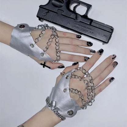Hollow half palm half finger gloves rivet chain motorcycle gothic
