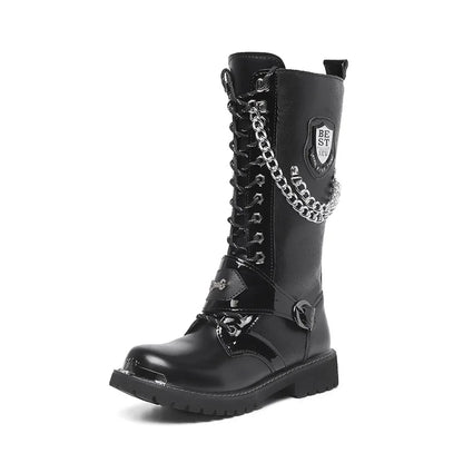 Men Fashion Motorcycle Boots Mid-calf Chain Combat Belt Hightop Casual Steel Toe