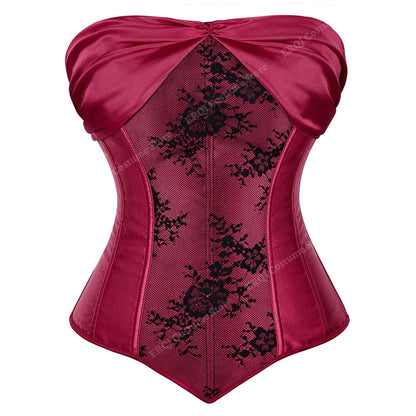 Lace Cover Overbust Corset Lace Up Boned Lingerie Zipper Side