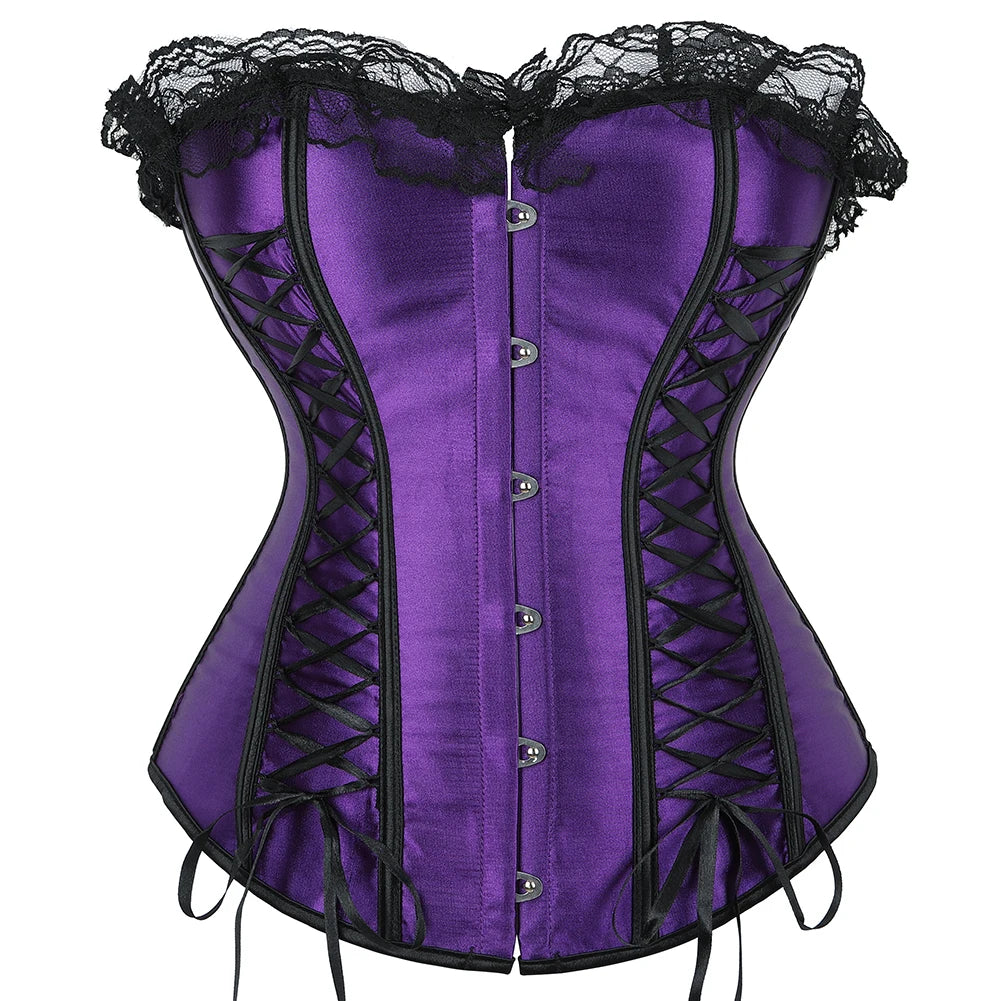 Overbust Corsets Purple Lace Up Boned Bustiers Victorian Ribbon Satin