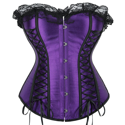 Overbust Corsets Purple Lace Up Boned Bustiers Victorian Ribbon Satin