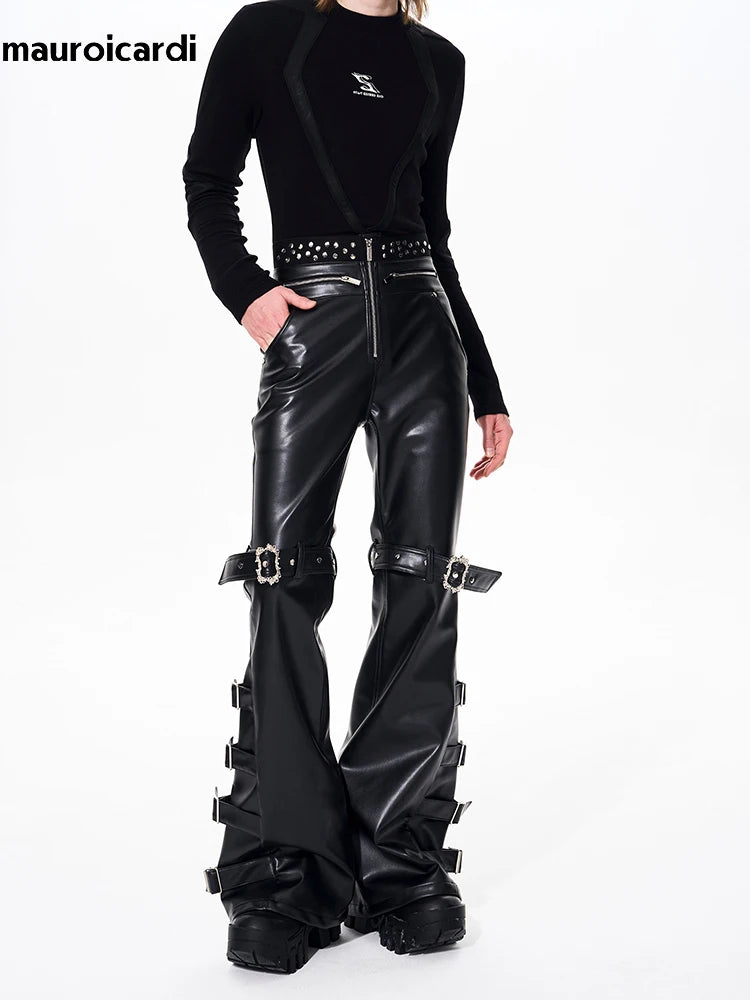 Mauroicardi Long Black Pu Leather Flare Pants for Men Rivet