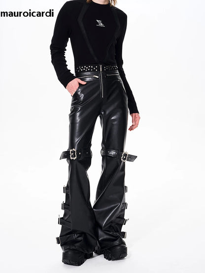 Mauroicardi Long Black Pu Leather Flare Pants for Men Rivet