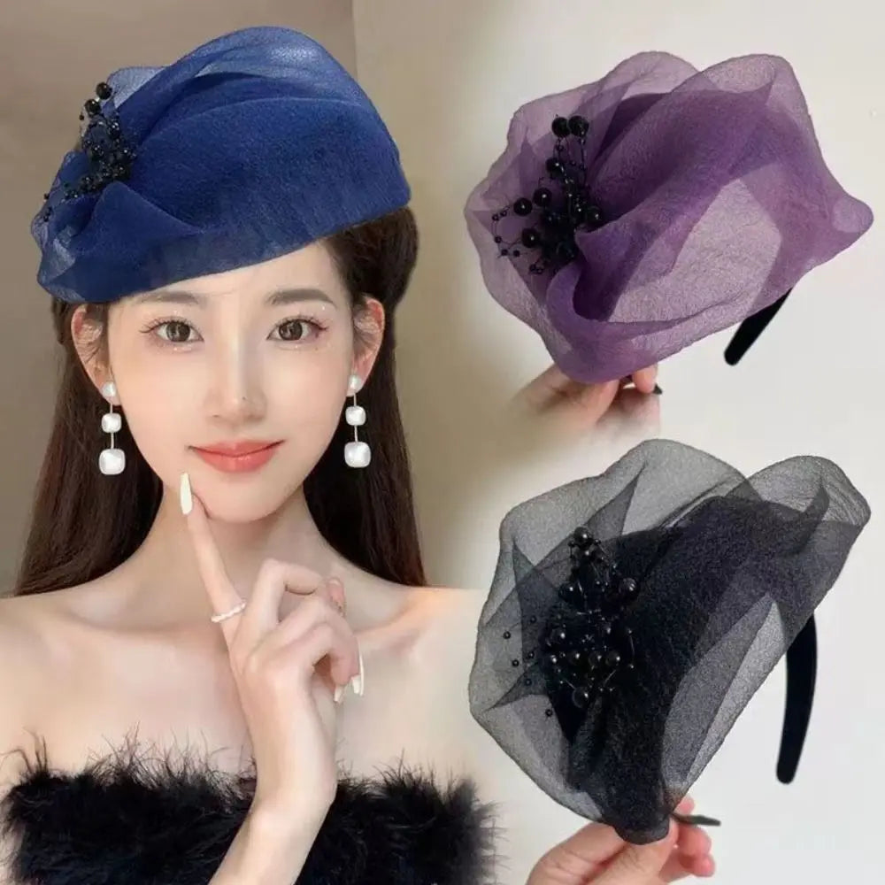 French Beaded Mesh Hairband Elegant Dinner Party Mesh Veil