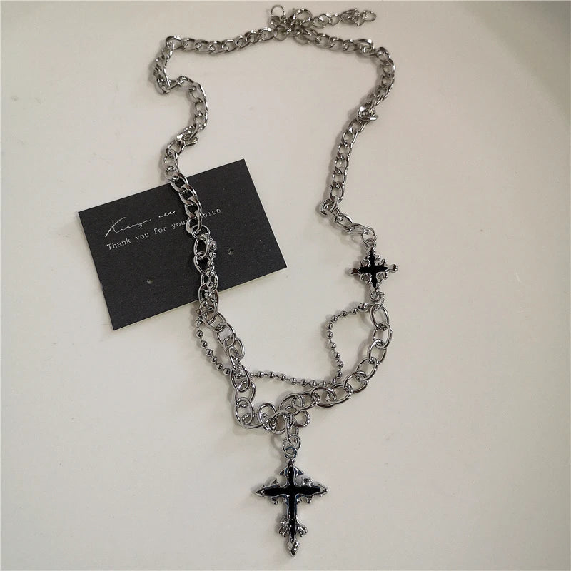 Punk Rock Black Heart Cross Pendant Chain Necklace Goth Accessories
