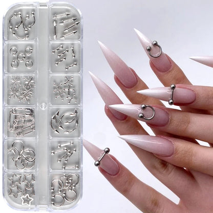 12 Grids Goth Punk Nail Charms Studs Piercing Designs Metallic Silvery Nails Art Rivets 3D Stars Alloy Nail Art Decorations