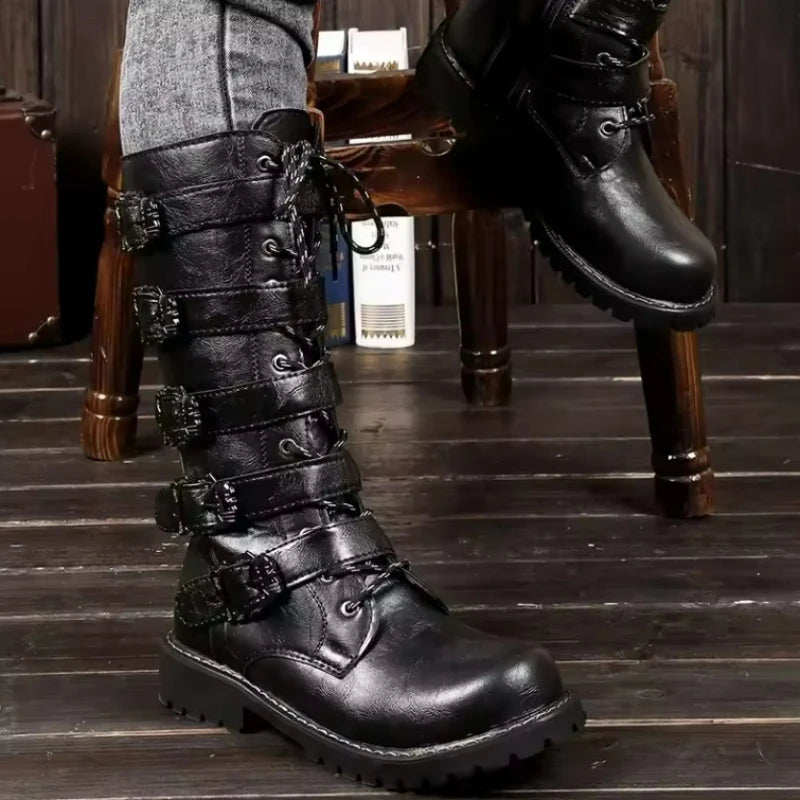 Men's Leather Motorcycle Boots Mid-calf Boots Gothic Belt