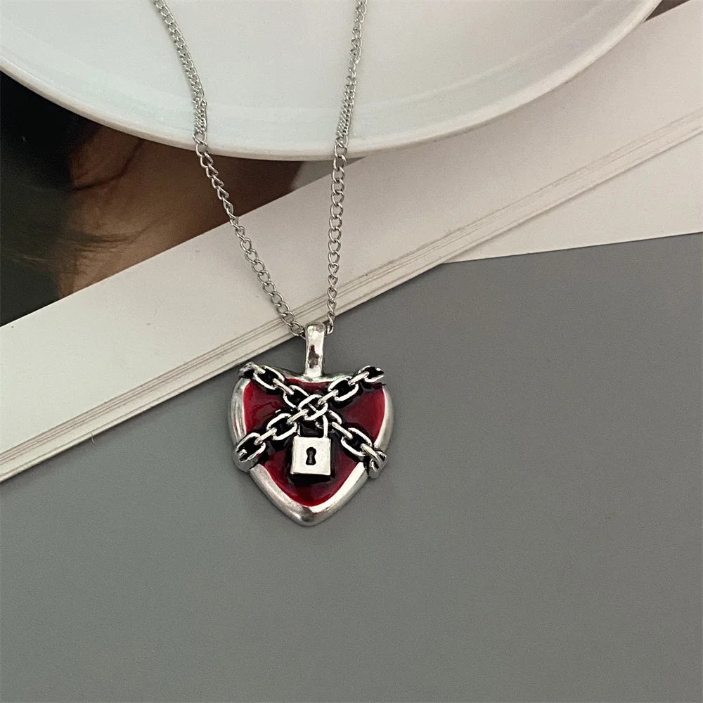 Red Black Heart Pendant Chain Necklace Vintage Goth