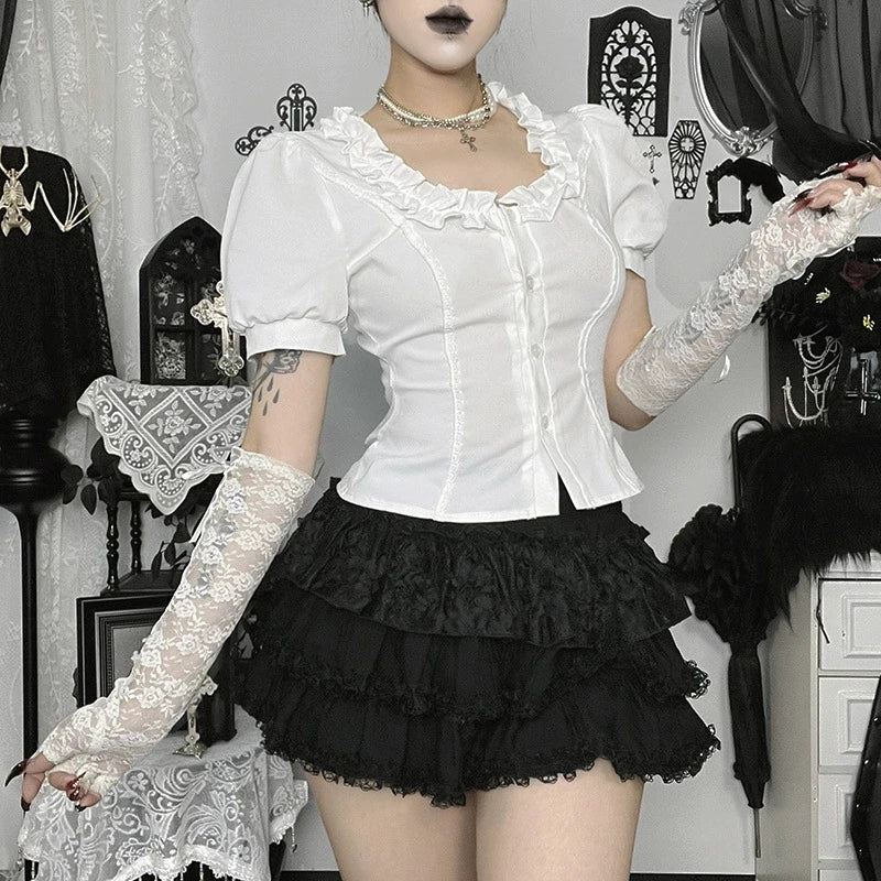 Goth Dark White Elegant U-neck Short Sleeve Shirt Blouse Ruffles Button Tops Office Shirts