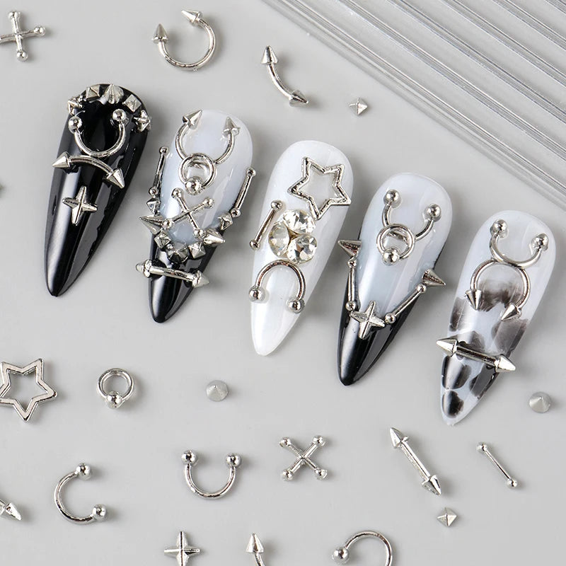 12 Grids Goth Punk Nail Charms Studs Piercing Designs Metallic Silvery Nails Art Rivets 3D Stars Alloy Nail Art Decorations