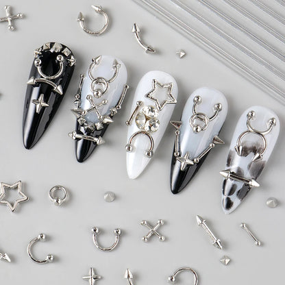 12 Grids Goth Punk Nail Charms Studs Piercing Designs Metallic Silvery Nails Art Rivets 3D Stars Alloy Nail Art Decorations