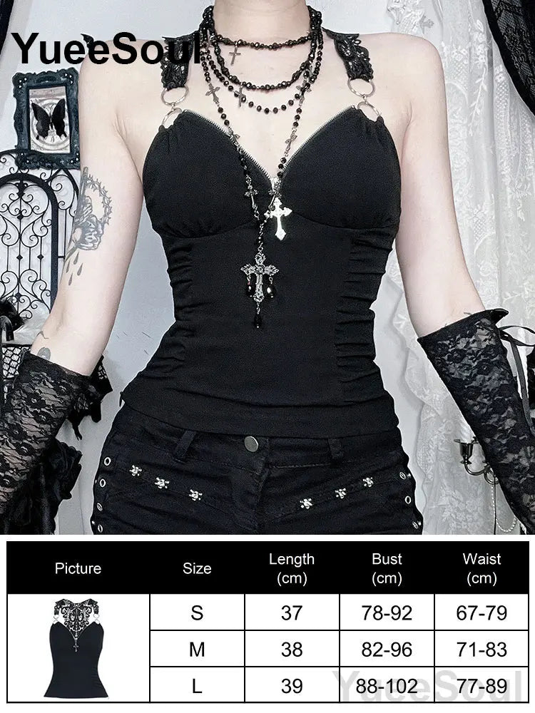 Gothic Lace Mesh Crop Spaghetti Strap Tops
