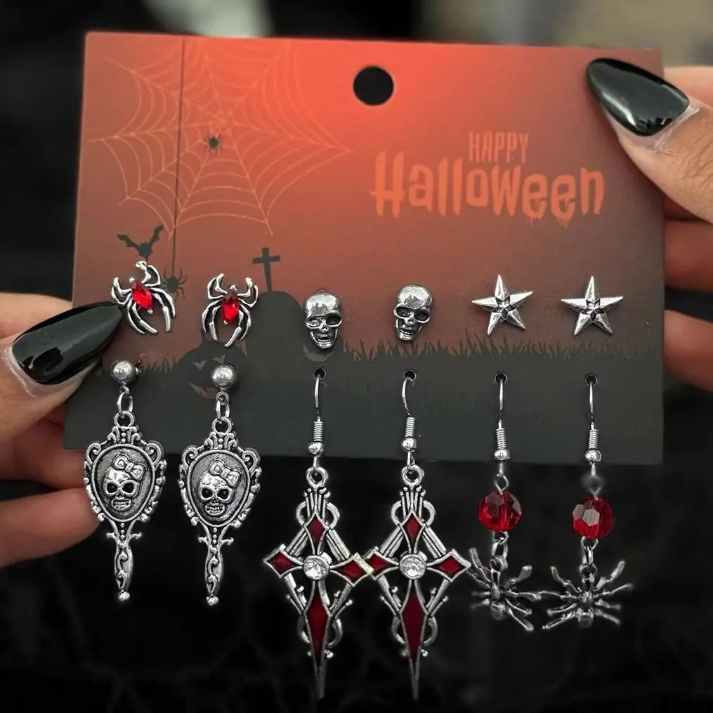 6Pairs/Set Halloween Red Crystal Skull Spider Metal Drop Earrings for Women Goth Cross Rose Piercing Earrings Jewelry