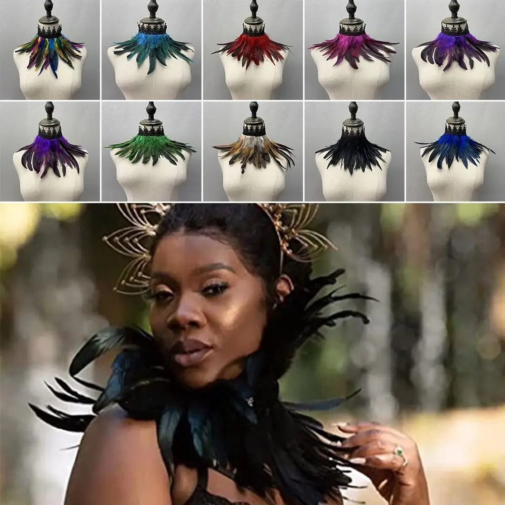 Black Feather Choker Collar Neck Cover Cape Shawl With Lace
