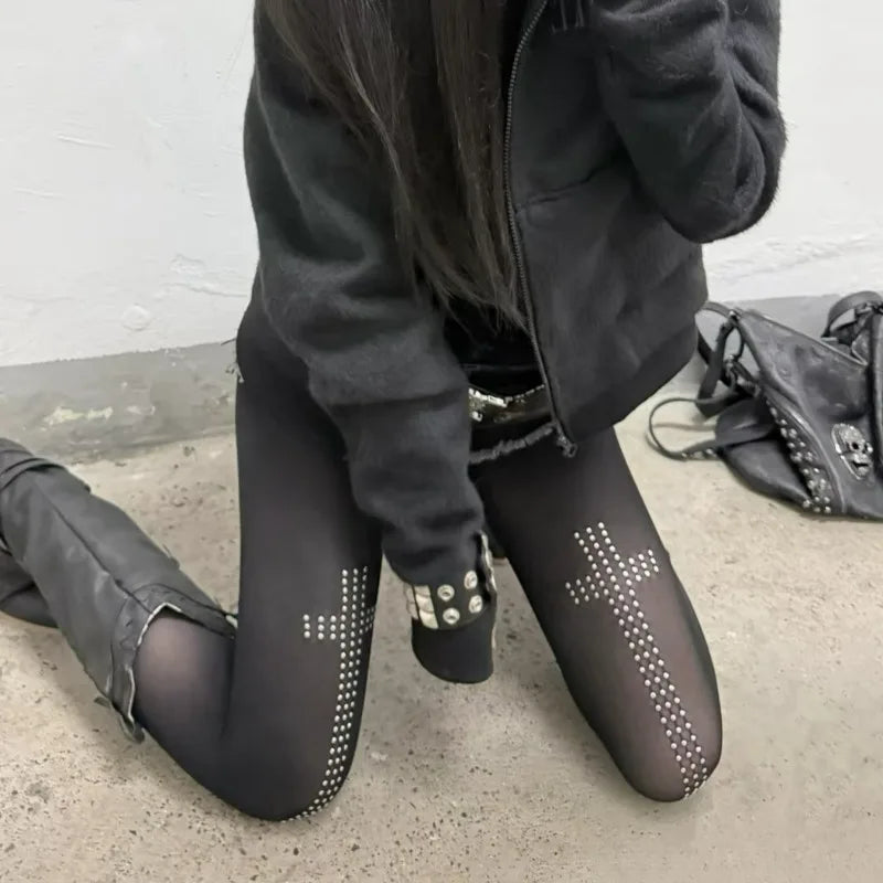 Rhinestone Cross Tights Pants Pantyhose