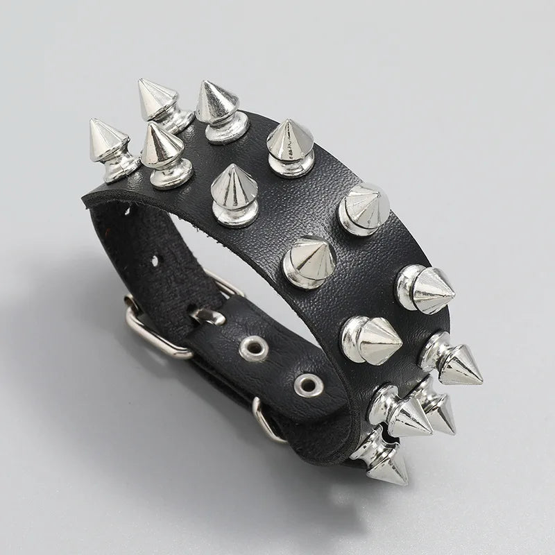 Punk Bracelet Goth Black Leather Wristband with Metal Spike Studded Cuff Bangle Adjustable