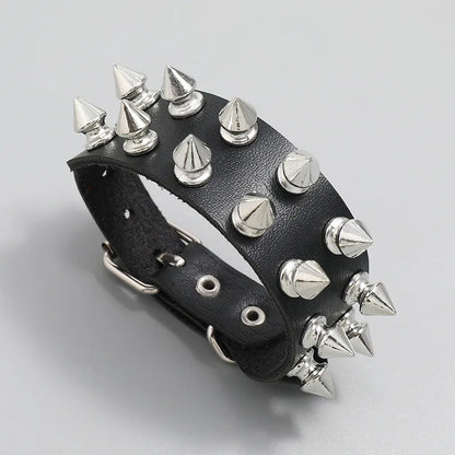 Punk Bracelet Goth Black Leather Wristband with Metal Spike Studded Cuff Bangle Adjustable