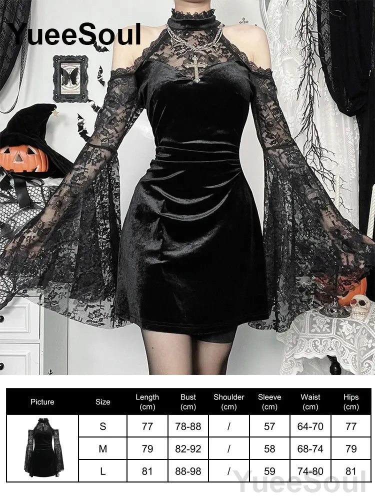 Gothic Long Sleeve Lace Slim Black Dresses