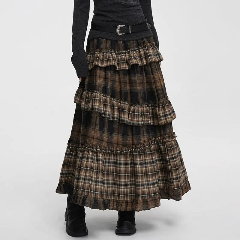 Vintage Long Plaid Ruffles Patchwork Casual Loose Skirt