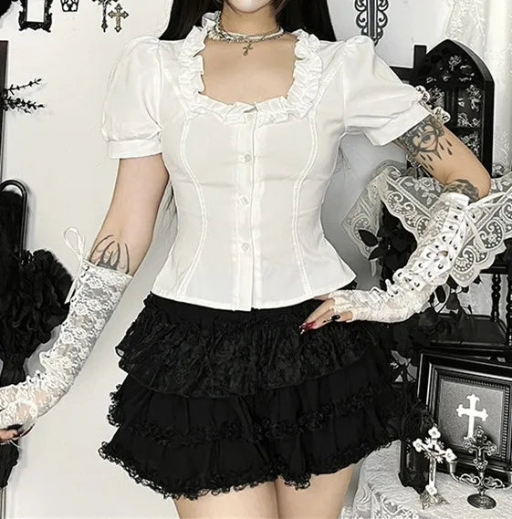 Goth Dark White Elegant U-neck Short Sleeve Shirt Blouse Ruffles Button Tops Office Shirts