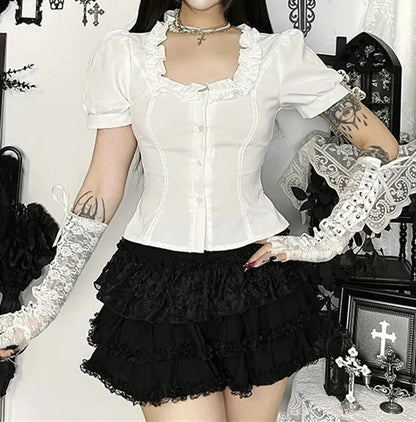 Goth Dark White Elegant U-neck Short Sleeve Shirt Blouse Ruffles Button Tops Office Shirts