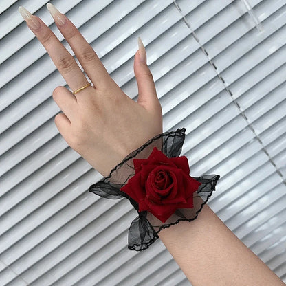Ruffle Lace Red Rose Wristbands Charm Bracelets Flower Mesh Hand Wristbands