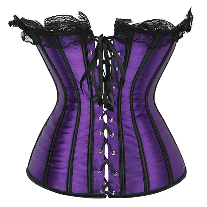 Overbust Corsets Purple Lace Up Boned Bustiers Victorian Ribbon Satin