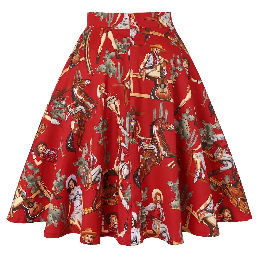 Small Red Polka Dot Midi Summer Pin Up High Waist Retro Vintage Rockabilly 50s Women Skirt