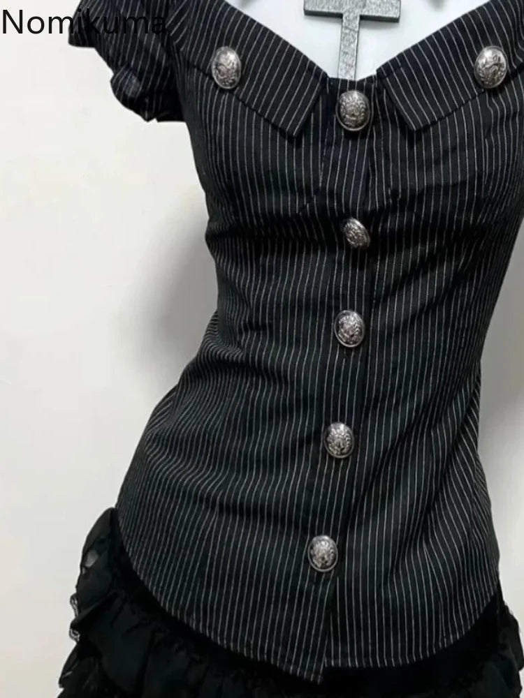 2 Piece Sets Slim Waist Striped Blouses A-line Mini Skirt Suit