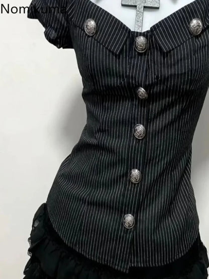 2 Piece Sets Slim Waist Striped Blouses A-line Mini Skirt Suit