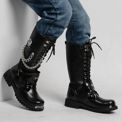 Men Fashion Motorcycle Boots Mid-calf Chain Combat Belt Hightop Casual Steel Toe