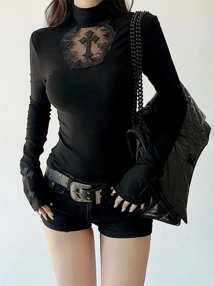 Turtleneck Gothic Cross Hollow Slimming Long Sleeve Shirt