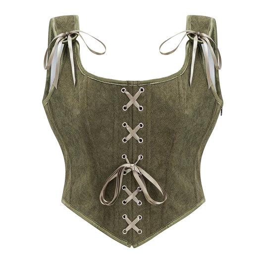Retro Slim-fit Front lace Strap Fishbone Camisole Tank Tops
