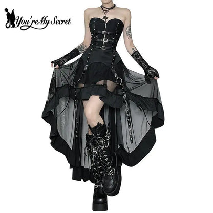 Slimming Irregular Mesh Skirt Dark Style High Waist