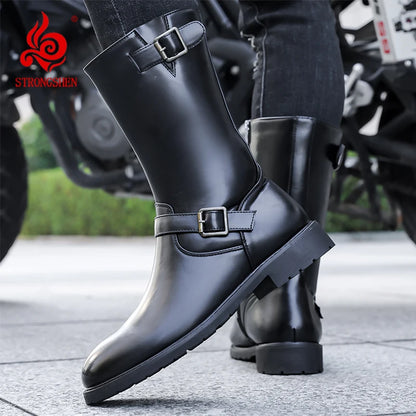 Leather Motorcycle Boots Mid-calf Gothic Belt Rivet Boots