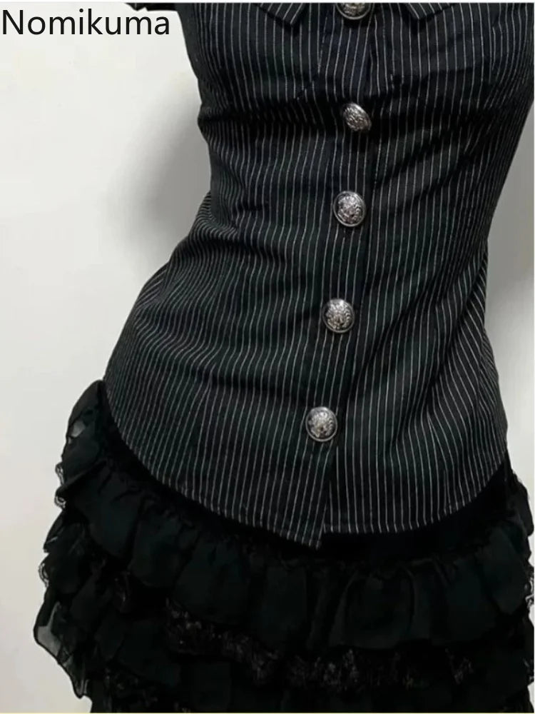 2 Piece Sets Slim Waist Striped Blouses A-line Mini Skirt Suit