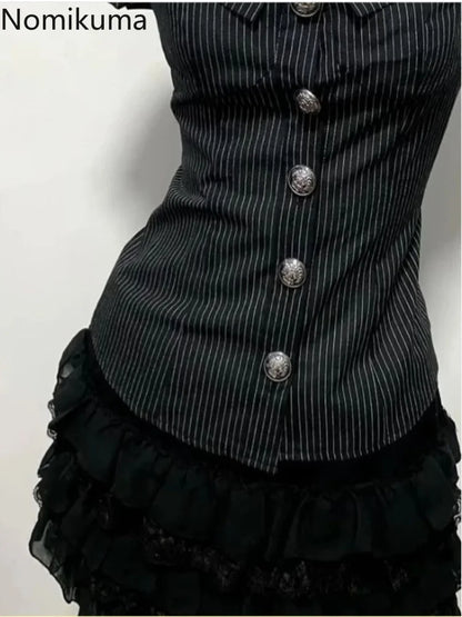 2 Piece Sets Slim Waist Striped Blouses A-line Mini Skirt Suit