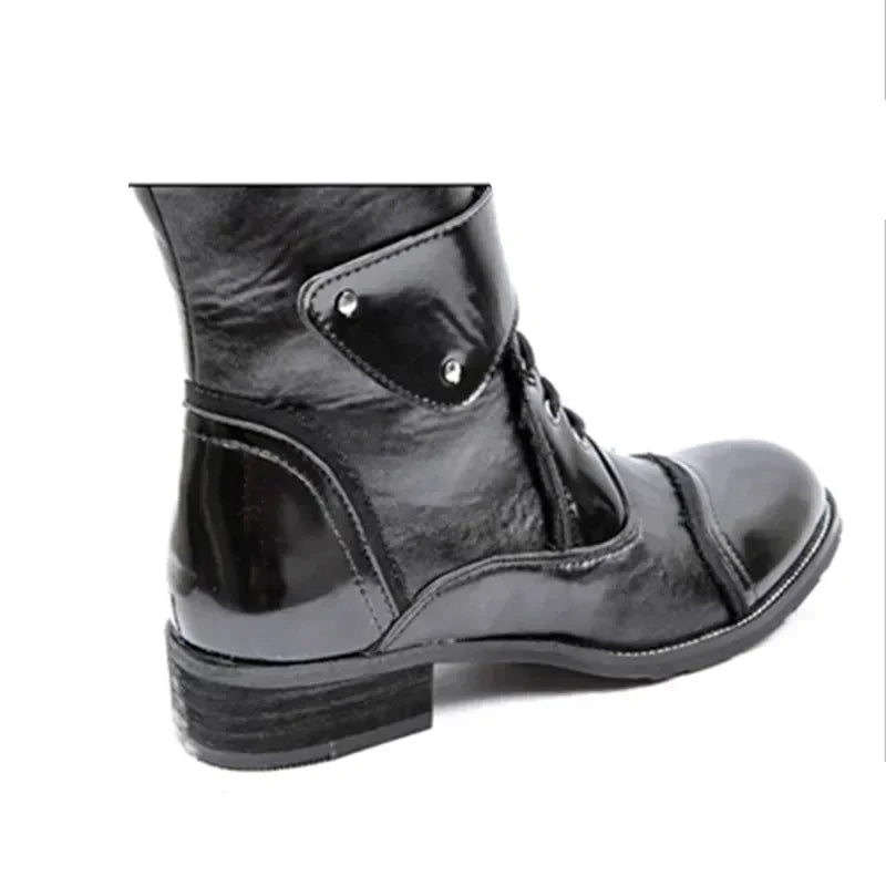 Gothic Punk Dance Boots for Men Mid Calf Warm Soft Leather Motorcycle
