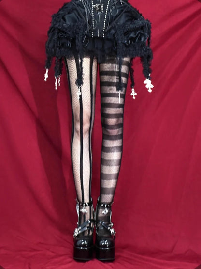 Vintage Gothic Pantyhose Uniform Striped Asymmetric Fishnet Tights