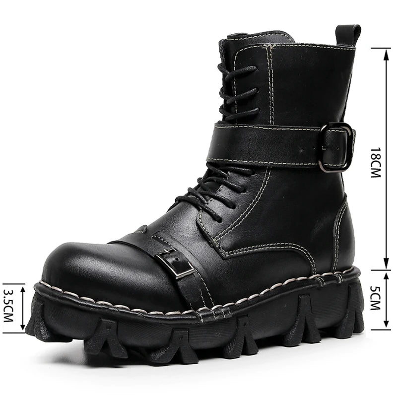 Genuine Leather Motorcycle Boots Platform Elastic